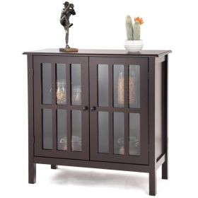 Brown Wood Sideboard Buffet Cabinet with Glass Panel Doors