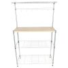 Carbon Steel Kitchen Bakers Rack with MDF Wood Shelf and Hanging Bar with Hooks