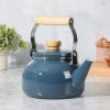 1.5 Qt. Steel Teapot Kettle w/ Blue White Glossy Enamel Coating and Wood Handle