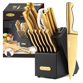 McCook MC21GB Kitchen Knife Sets,15 Pieces Luxury Golden Titanium Knife Sets with Block and Built-in Sharpener,Stainless Steel