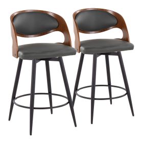 Pino 26" Mid-Century Modern Fixed-Height Counter Stool with Swivel in Walnut Wood, Black Metal