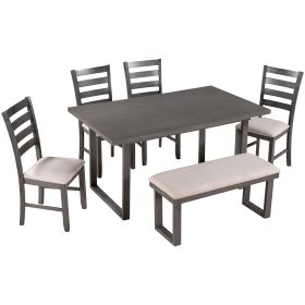 TREXM 6-Piece Solid Wood Dining Set – Rectangular Table, 4 Chairs & Bench in Gray for Family Dining Room