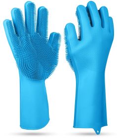 1 Pair Magic Silicone Brush Dishwashing Gloves Cleaning Sponge Pet Scrubber Heat Resistant Wash Gloves (Color: Blue)